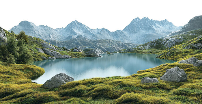 Alpine landscape with snowy mountains and calm lake, isolated on transparent cutout background