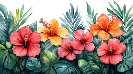 Exotic Bird of Paradise Flower with Palm Leaves on Tropical Background
