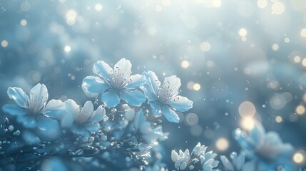 A cluster of dreamy flowers in soft blues and whites, surrounded by glowing bokeh and light mist, creating a magical and peaceful scene. 8k UHD, suitable for high-quality printing or digital 