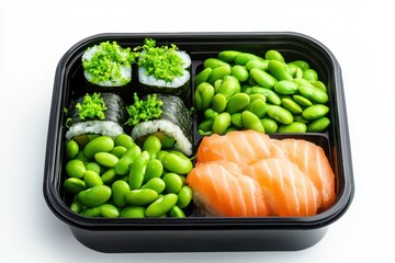 Colorful bento box featuring sushi, edamame, and fresh seaweed salad, perfect for a healthy meal.