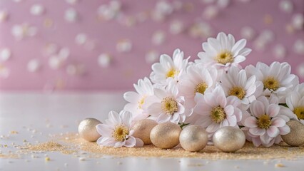 Golden Easter eggs and white chrysanthemums on a white table with a pink background.