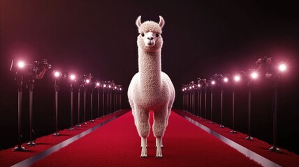 Fototapeta premium An alpaca posing confidently on a red carpet, surrounded by flashing cameras.