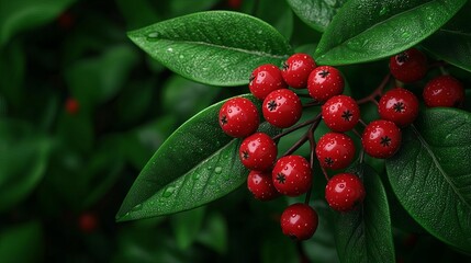 Obraz premium Realistic 3D red berries on a branch with dewdrops, lush green forest background, wildlifefocused, highdetail botanical illustration