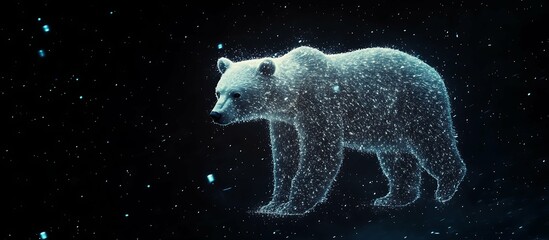 illustration of Ursa Major constellation on the background of starry sky and night landscape, White bear made of glowing particles in space