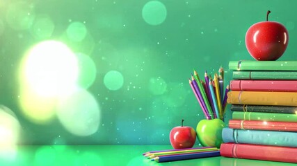 back to school background with books color pencils apple on green background seamless looping overlay 4k virtual video animation background - Powered by Adobe