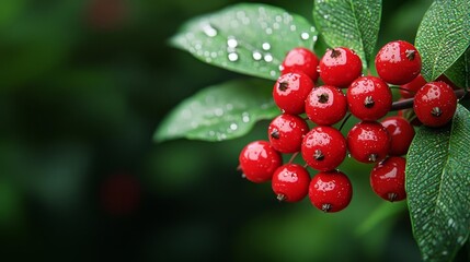 Obraz premium Realistic 3D red berries on a branch with dewdrops, lush green forest background, wildlifefocused, highdetail botanical illustration