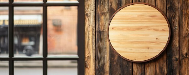 Rustic wood wall with a circular sign, perfect for personalized messages or decorative displays.
