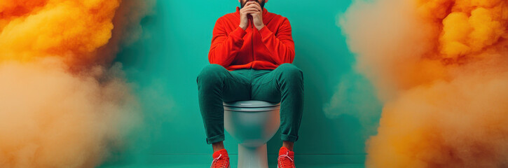 A person experiencing discomfort in the bathroom, highlighting the challenges of an imbalanced excretory system.