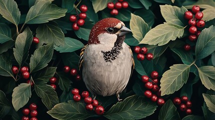 Sparrow surrounded by red berries and green leaves, intricate 3D illustration, realistic texture, and natural forest ambiance