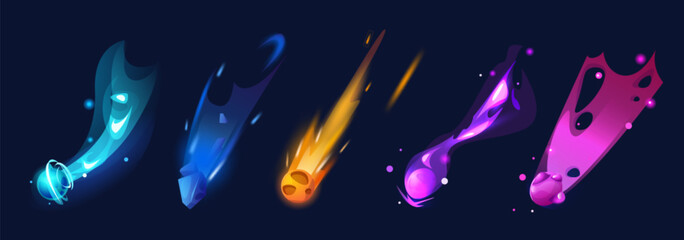 Space comets set isolated on black background. Vector cartoon illustration of neon color asteroid rocks flying in sky with blue ice, orange fire, purple trails, meteorite rain, alien galaxy elements © klyaksun