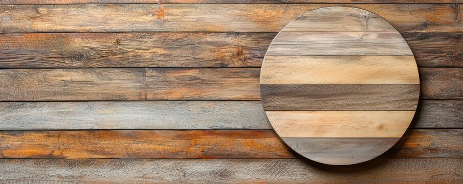 Rustic wood wall with a circular sign, perfect for personalized messages or decorative displays.