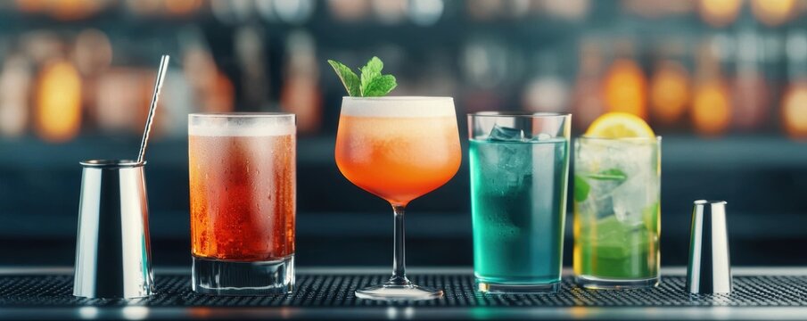 Assorted colorful cocktails displayed on a bar counter, ready for enjoyment.