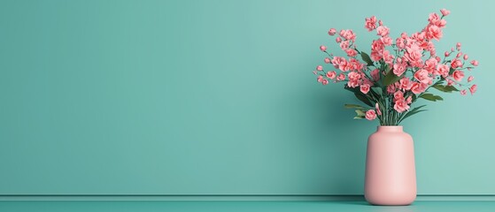 Beautiful pink flowers in a modern vase against a teal background, perfect for home decor and design. © narak0rn