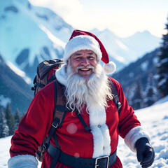 A smiling Santa Claus is hiking and walking in the snow-covered mountains in winter, with beautiful clouds in the blue sky. Christmas atmosphere.