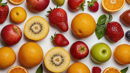 A colorful assortment of fresh fruits, including strawberries, oranges, bananas, and apples, laid out against a clean, white background.