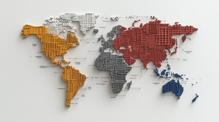 3D World Map Illustration with Color Coded Continents