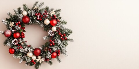 Elegant christmas wreath with red and white ornaments for festive home decoration