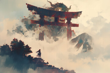 Obraz premium A Powerful Monster Emerging from the Mist, Its Overwhelming Presence Enveloping the Surroundings – A Watercolor Effect Adds Softness to This Fantasy Scene, Perfect for Creative Projects