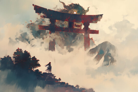 A Powerful Monster Emerging from the Mist, Its Overwhelming Presence Enveloping the Surroundings &ndash; A Watercolor Effect Adds Softness to This Fantasy Scene, Perfect for Creative Projects