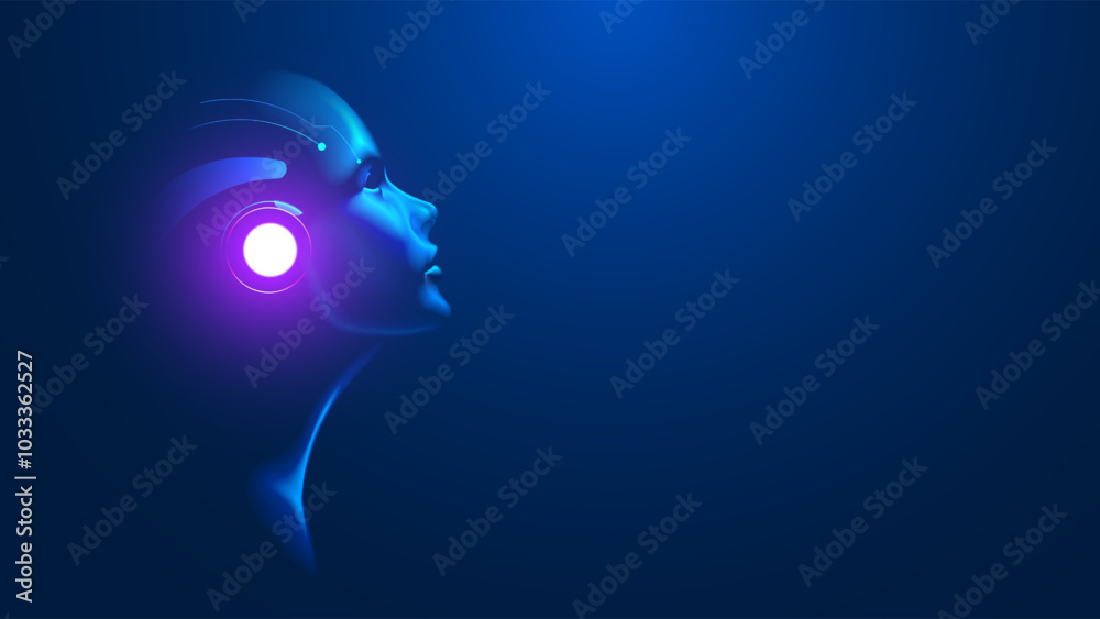 Poster AI. Artificial intelligence in human face or head concept. Artificial neural network in image woman head looking at up. AI mind.