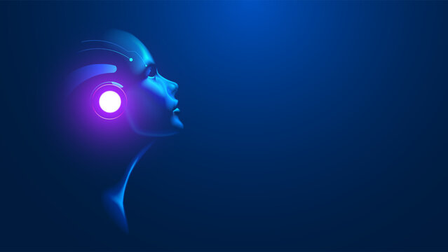 AI. Artificial intelligence in human face or head concept. Artificial neural network in image woman head looking at up. AI mind.