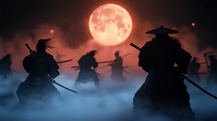 Naklejka premium Samurai silhouettes wielding swords in misty landscape under a full moon, evoking mystery and tradition.