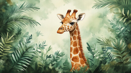 "Watercolor Giraffe and Palm Trees with Green Leaves in Exotic Setting"