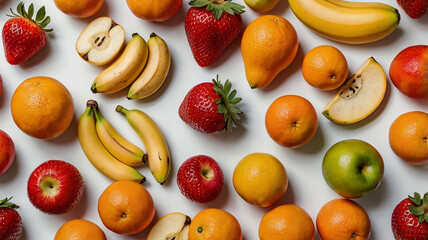 A colorful assortment of fresh fruits, including strawberries, oranges, bananas, and apples, laid out against a clean, white background.