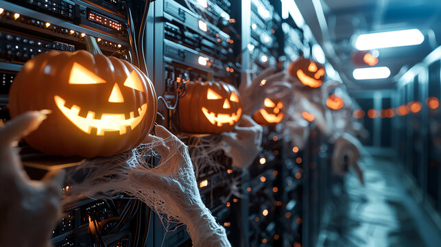 Decorative Halloween pumpkins with glowing faces in a data center server room, blending technology with festive spirit.