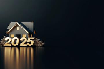 3d gold number 2025 is next to the house on a dark background. new year real estate concept