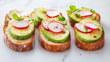 Mini avocado toasts with radishes and sprouts, sprinkled with sea salt and chili flakes, arranged in a neat row on a marble countertop, 3D illustration