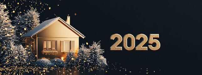 3d gold number 2025 is next to the house on a dark background. new year real estate concept