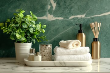Stylish and creative minimalistic small bathroom interior design with marble walls with green panels, plants and beautiful bathroom accessories. Minimalistic home, Generative AI