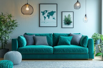 Stylish scandinavian living room interior of modern apartment with wooden commode, design armchair, carpet, leaf in vase, table lamp and personal accessories in unique home decor, Generative AI