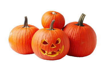 Obraz premium Group of pumpkins with one carved jack-o'-lantern isolated on transparent background
