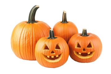 Group of pumpkins with two smiling jack-o'-lanterns isolated on transparent background