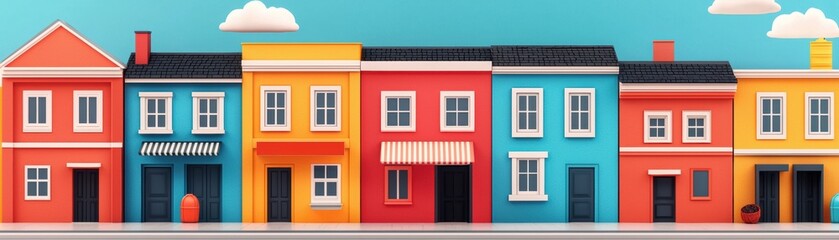 Colorful row of houses with varying designs, blue sky and clouds in the background.