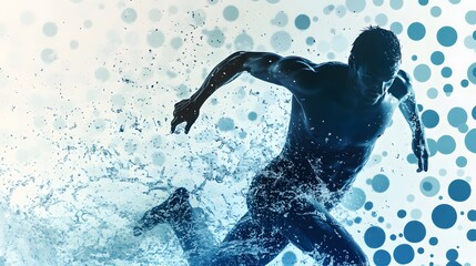 Naklejka premium Silhouette of a Man Running Through Water with Blue Circles