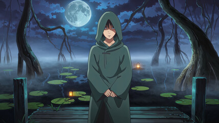 mysterious character stands in foggy swamp under full moon, wearing hooded cloak. eerie atmosphere is enhanced by surrounding trees and glowing lanterns