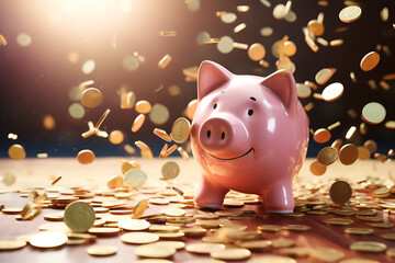 Saving money in pink piggy bank surrounded by falling coins creates joyful scene