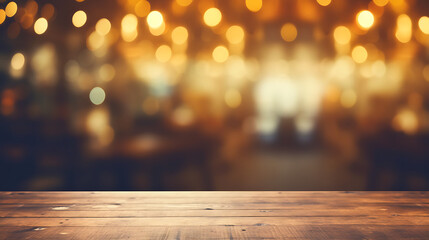 rustic wooden table top with blurred bokeh cafe background creates warm atmosphere