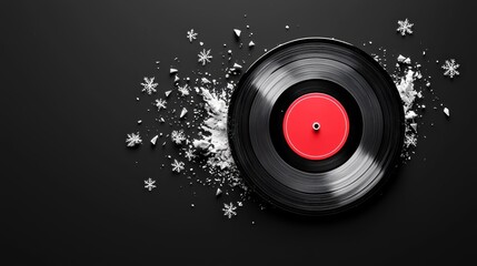 A vinyl record with a red label, surrounded by snowflakes, sits against a black background, blending music and winter themes.