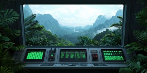 Obraz premium Futuristic control room with green screens overlooking a lush mountainous landscape.