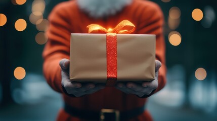 A festive figure in an orange outfit holds a beautifully wrapped gift with a shiny red ribbon, set against a backdrop of soft, glowing lights.
