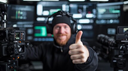 Enthusiastic Content Creator in Creative Studio with Cameras and Production Tools Giving Thumbs Up in Ultra-Detailed Setting