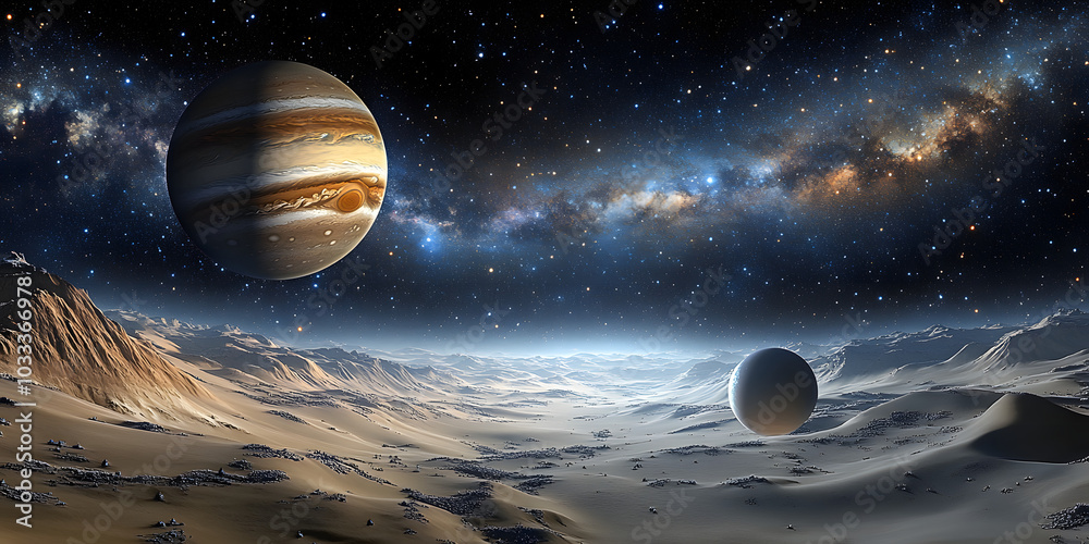 Wall mural a space scene with a large planet in the background and a smaller planet in the foreground. the sky 