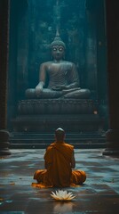 A cinematic shot of the interior of an ancient temple. In the foreground, a monk in orange robes and a bald head is kneeling on the ground
