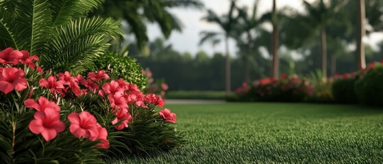 Fototapeta premium Lush garden scene with vibrant flowers and green grass under peaceful skies.