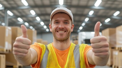 Happy Logistics Coordinator Thumbs Up in Busy Warehouse with Shipping Boxes and Vehicles in Background