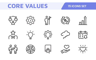 Core Values outline icons set. Core, values, business, leadership, goals, target, client, quality, success, responsibility and quality.